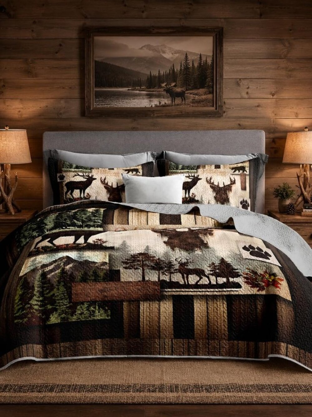 Queen Size Rustic Cabin Quilt,Hunting Bedding with 2 Pillowcases.
